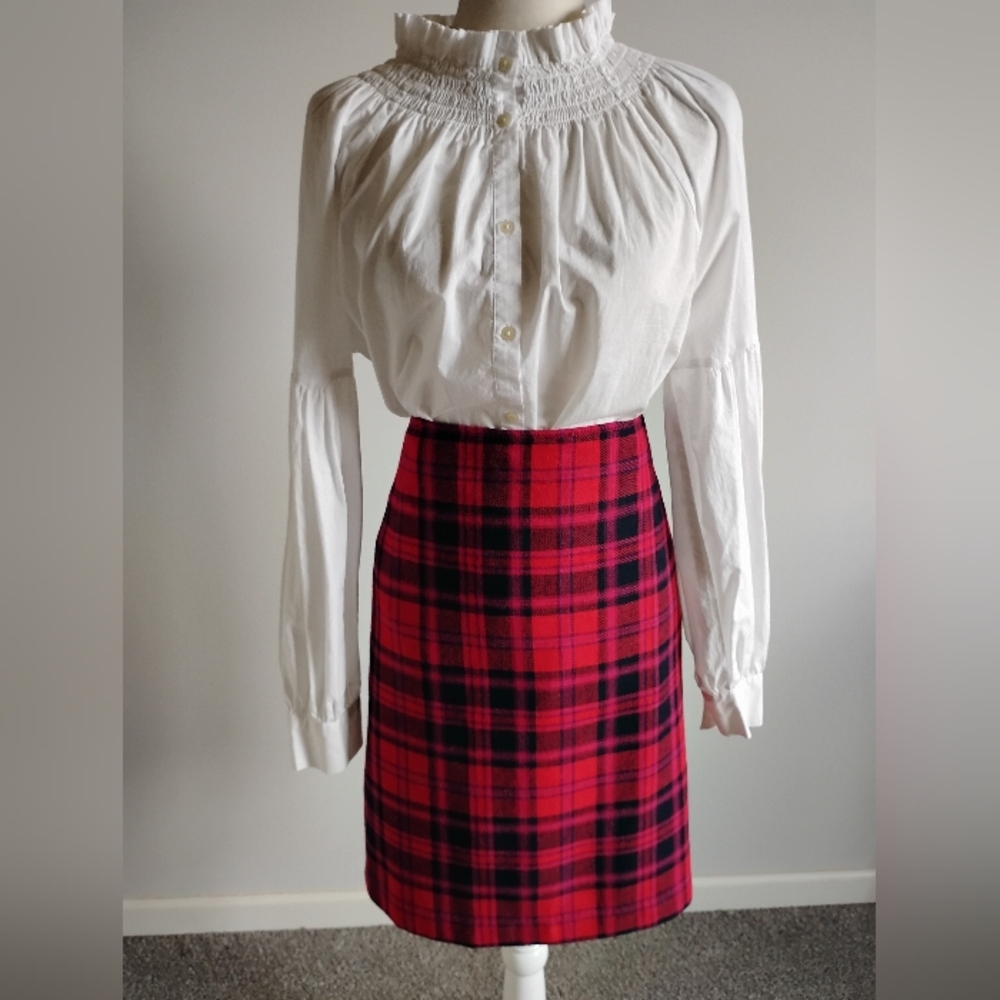 Talbots Wool Blend Plaid Pencil Skirt Red Pink Blue Plaid Holiday Colorful Sz 16 - Picture 5 of 16